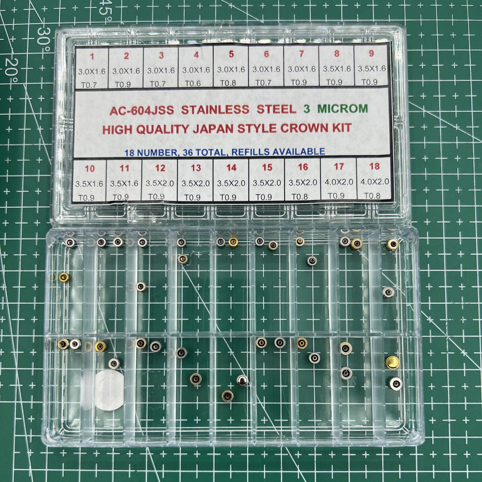 Stainless steel watch crown kit with 36 Japan-style pieces for precise watch repairs.