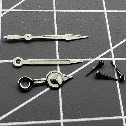 Black 12mm silver-trimmed green luminous watch hands for Miyota 0S60 movement.