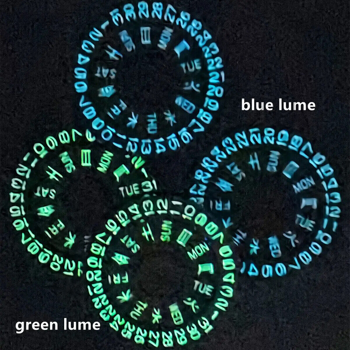 Green Lume Black Date Disk Wheel Week Wheel for Movement Seiko NH36 Date@3.8