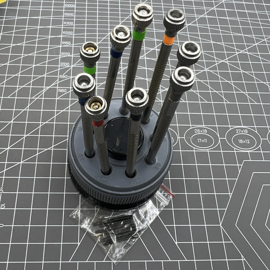 Set of 9 flat blade slotted screwdrivers, sizes 0.6mm-2.0mm, perfect for watch accessory repairs.