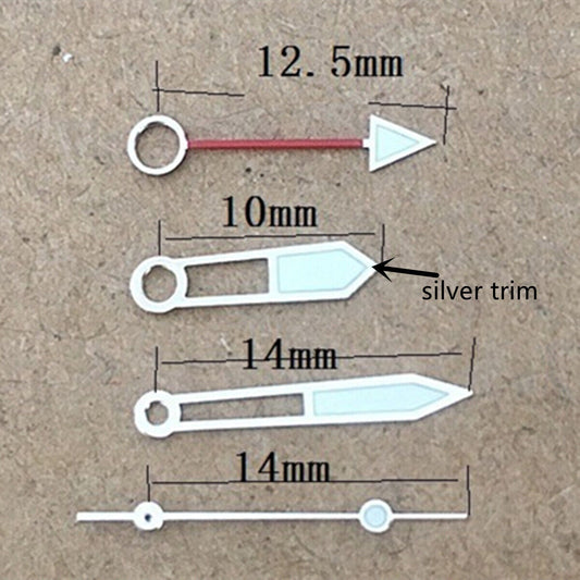 Silver trim green luminous hollow watch hands for Miyota 8205 movement, perfect for precise timekeeping.