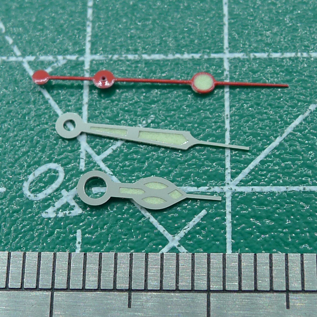 12.5mm green lume watch hands with silver trim, compatible with NH35 NH36 movement, perfect for repairs.