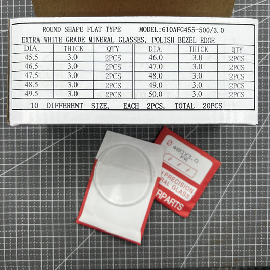 Set of 20 flat 3.0mm thick round watch glass crystals, 45.5-50mm, durable mineral, ideal for replacements.