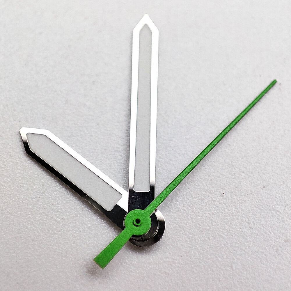 Silver-trimmed green luminous watch hands, compatible with NH35A/NH36A/4R36 movements for precise timekeeping.