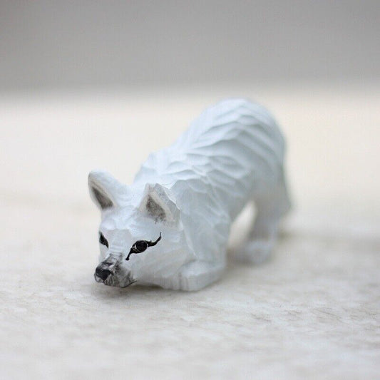 Handmade white fox wooden figurine by Bowing, perfect decorative collectible for home or office display.