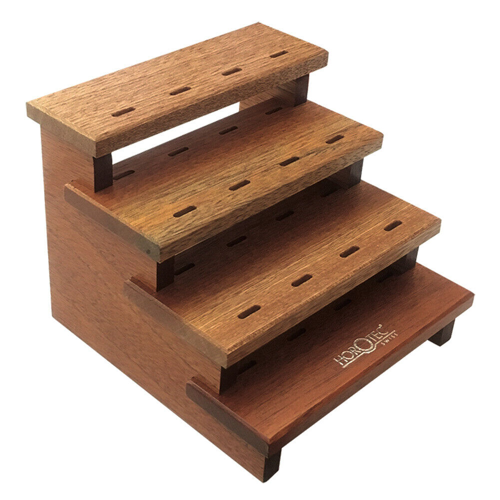 Swiss Horotec wooden rack holding 12 precision tweezers for watch repair and assembly organization.