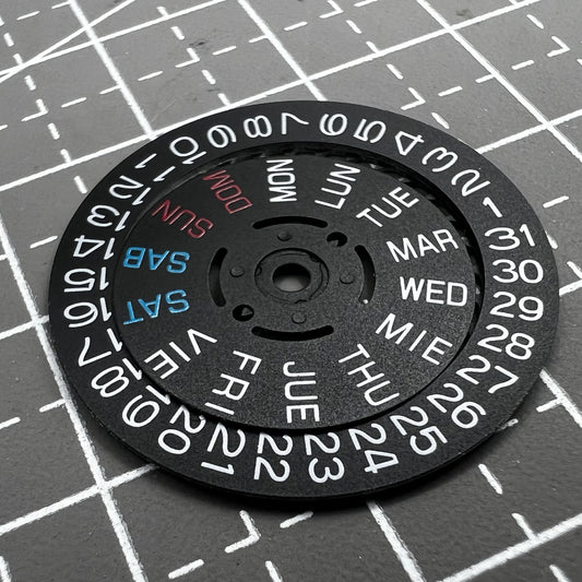 Seiko NH36 watch date disk with black English font, positioned at 3 o'clock crown for precise timekeeping.