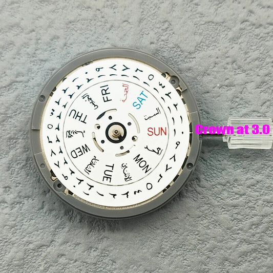 Japan Made NH36 automatic watch movement with Arabic date dial and crown at 3 o'clock, precision timekeeping.