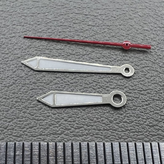 Silver trimmed red second hand and green lume hour/minute hands set for Ronda 515 watches, 2 sets/pack.