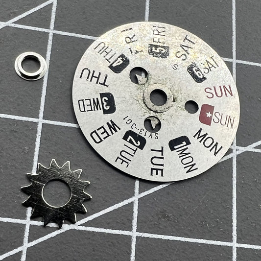 Red and black English week disk wheel for Orient 46941 46943 watch accessories with clear font design.