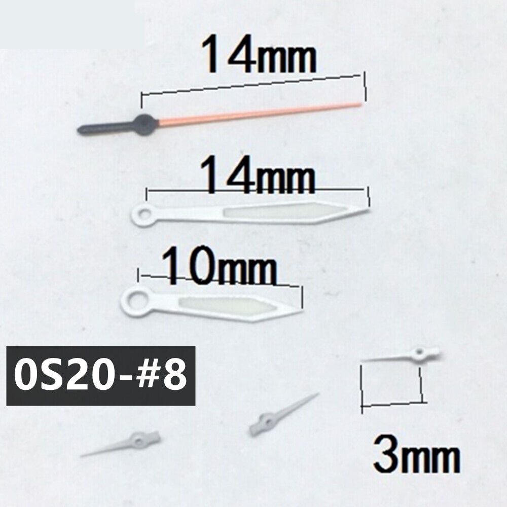 14mm green lume arrow watch hands for Miyota 0S20 quartz movement precision timepieces.