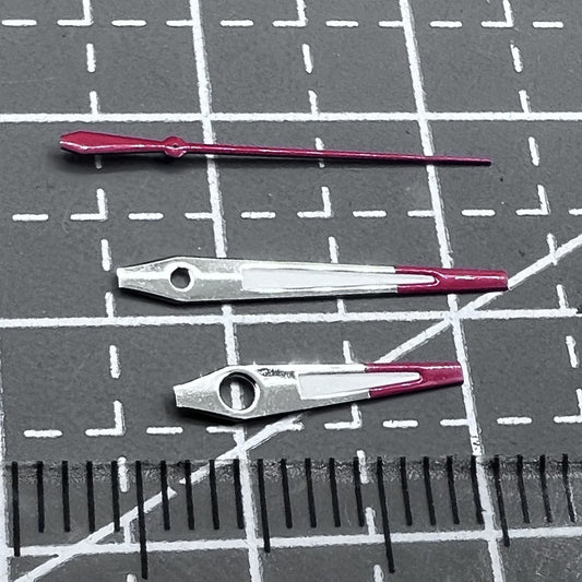 Red and silver trim watch hands with green luminous tips, compatible with NH35/NH36/4R/7S movements,.