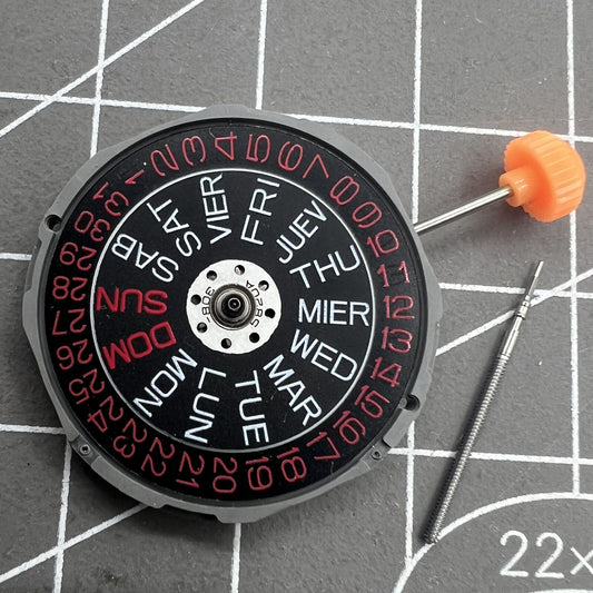Miyota 1M02 quartz movement with black dial, red font, double calendar for watch accessories.