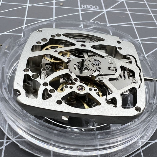 Tianjin Seagull ST25 square automatic watch with silver 3 hands and skeleton dial design