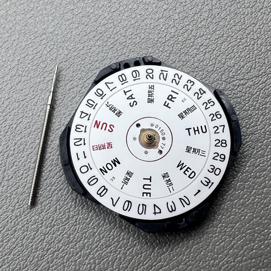 Japan VX33E watch quartz movement with single calendar disk showing Chinese and English date options, precision timekeeping.