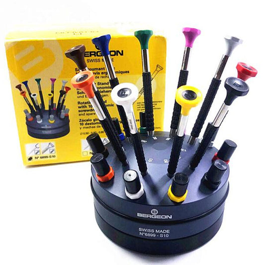 Bergeon 6899-S10 stainless steel watchmakers screwdrivers set with elastomer handles for precise watch repairs.
