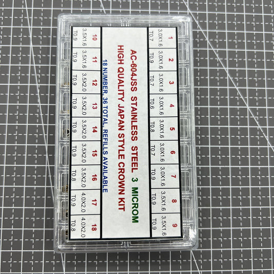 Stainless steel watch crown assortment kit with 36 high-quality Japan style pieces for watch repairs.