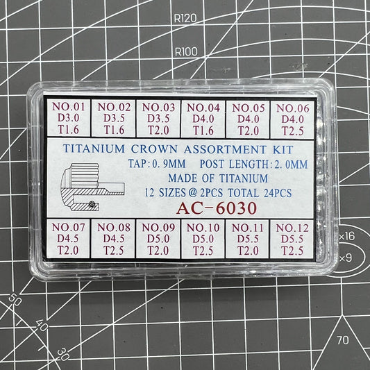 Titanium watch crowns assortment kit with 24 pieces in 12 sizes for precise repair.
