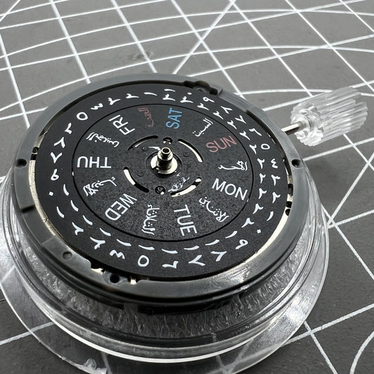 NH36 automatic watch with black Arabic date dial and crown positioned at 3:00.