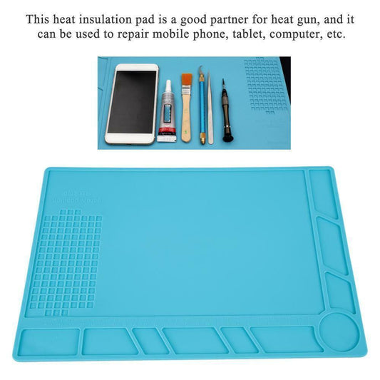 Heat-resistant non-slip silicone work pad 34x23cm for soldering stations, perfect for electronics tasks.