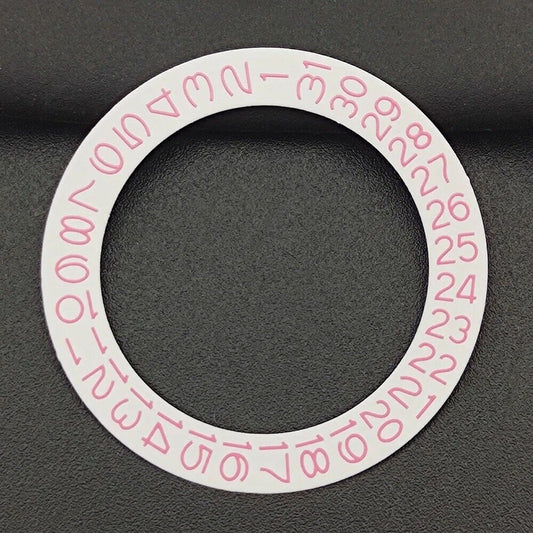 Pink date disk overlay with character markings for NH35 NH36 watch movement, white background, branded design.