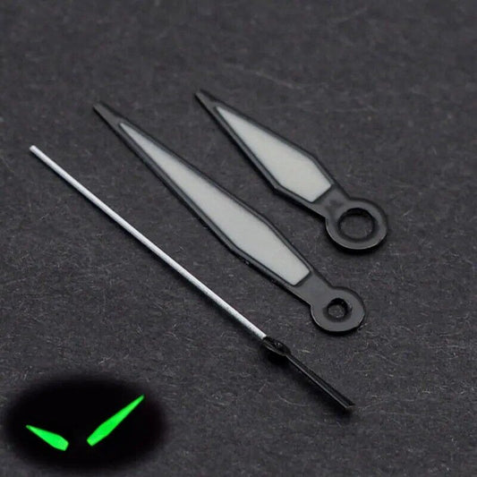 Black trim green luminous watch hands set, 15mm length, compatible with NH35/NH36 movement.