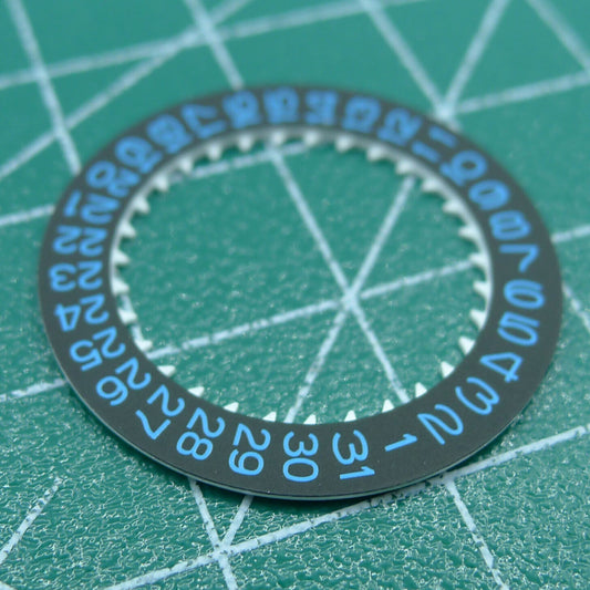 Blue font date disk wheel for NH35 watch movement on black background