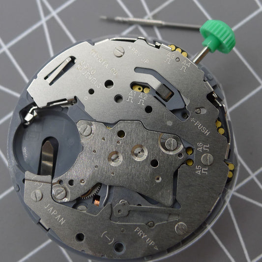 Japan Made Miyota OS20 quartz watch movement with date display at 4.5, ideal for watchmaker repairs.