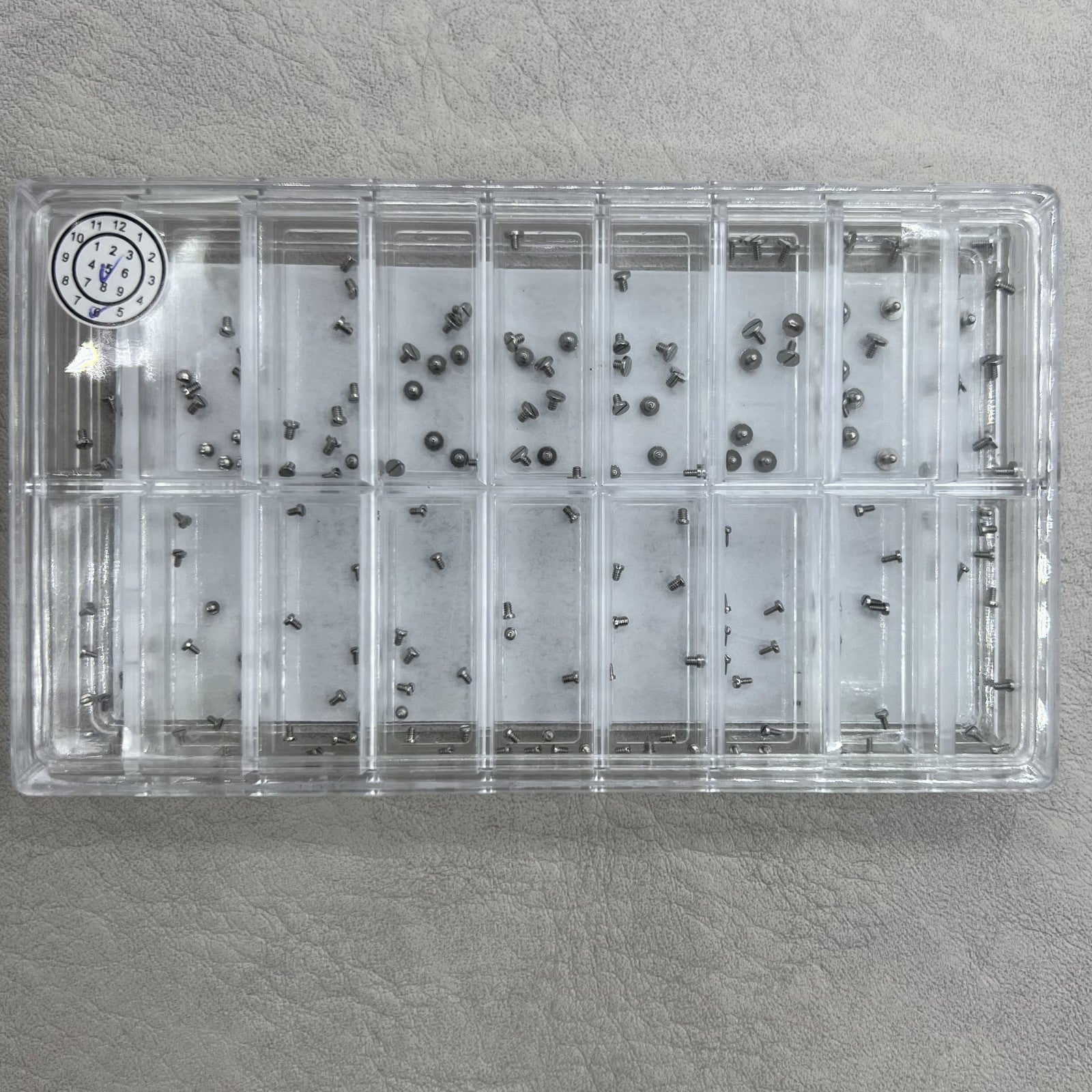 Set of 180 high-end stainless steel mini screws for case back, straight line head, various sizes.