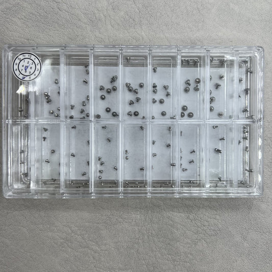 Set of 180 high-end stainless steel mini screws for case back, straight line head, various sizes.