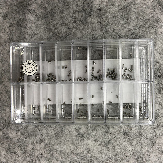 AC-639MS stainless steel mini screws set, 17 types, 10 pieces each for precise watch accessory repairs.