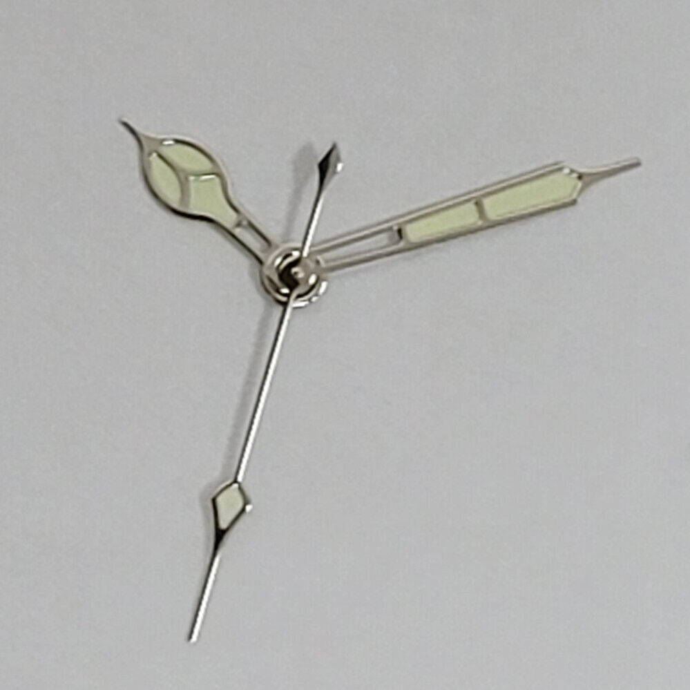 Green luminous watch hands with black and golden trim for NH35, NH36, 4R, and 7S movements.