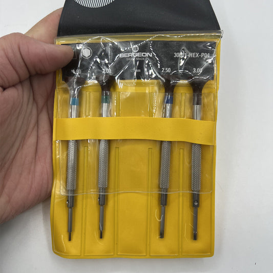 Set of 4 Bergeon 30081-HEX-P04 hex blade screwdrivers for precise watchmaker repairs.