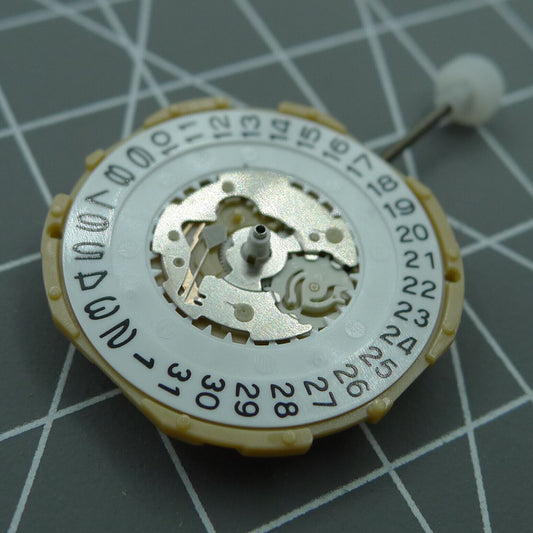 Sunon SP28 quartz watch movement with date at 3 o'clock and three hands, precise timekeeping accessory.
