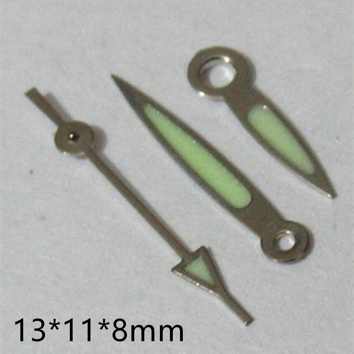 Pointed 13mm green luminous watch hands set for Miyota 2035, 2115, 2105, 2305, 2315 movements.