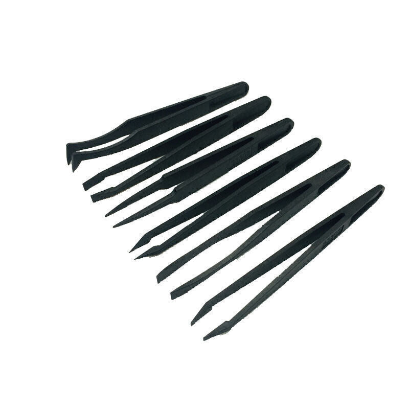 Set of 6 Carbon Fibre anti-static tweezers, model 6751, ideal for precision electronic repairs.