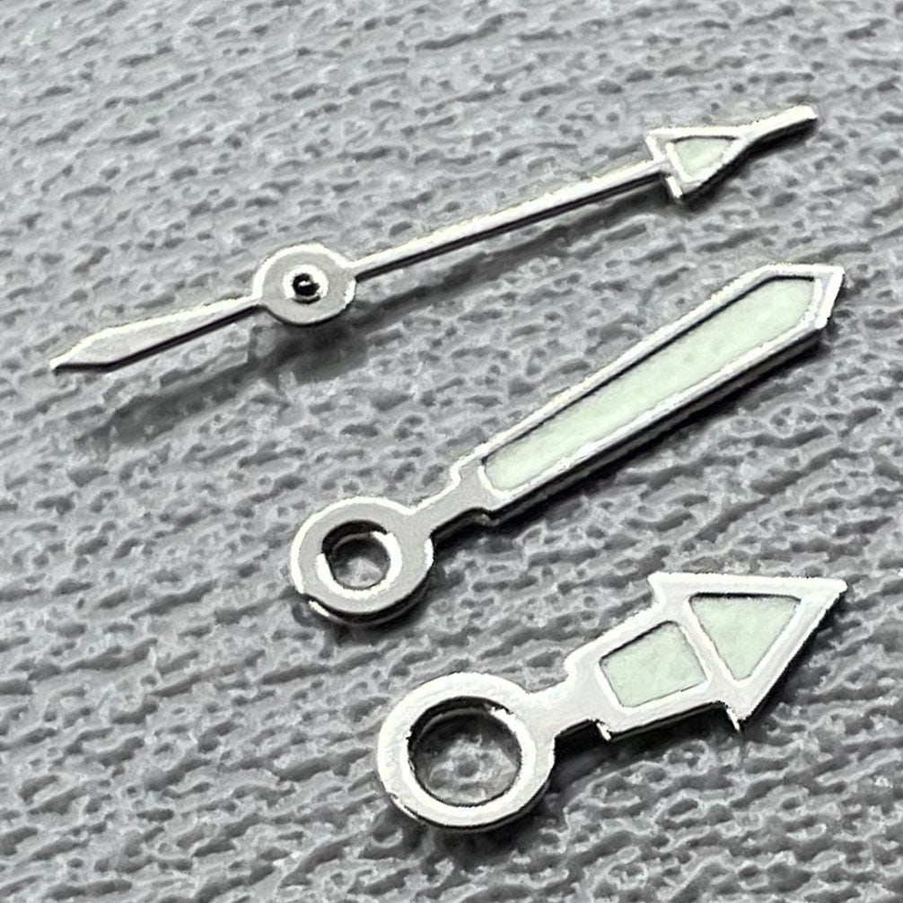 2 Sätze/Packung leuchtende Uhrzeiger mit silbernem Rand für Miyota 2035 Uhrwerk Nr. 1523