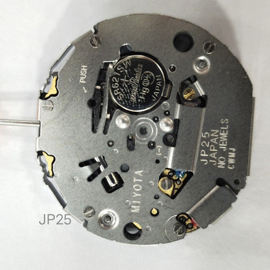 Miyota JP25 quartz watch movement with date display at 3 o'clock, precision timekeeping by Miyota.