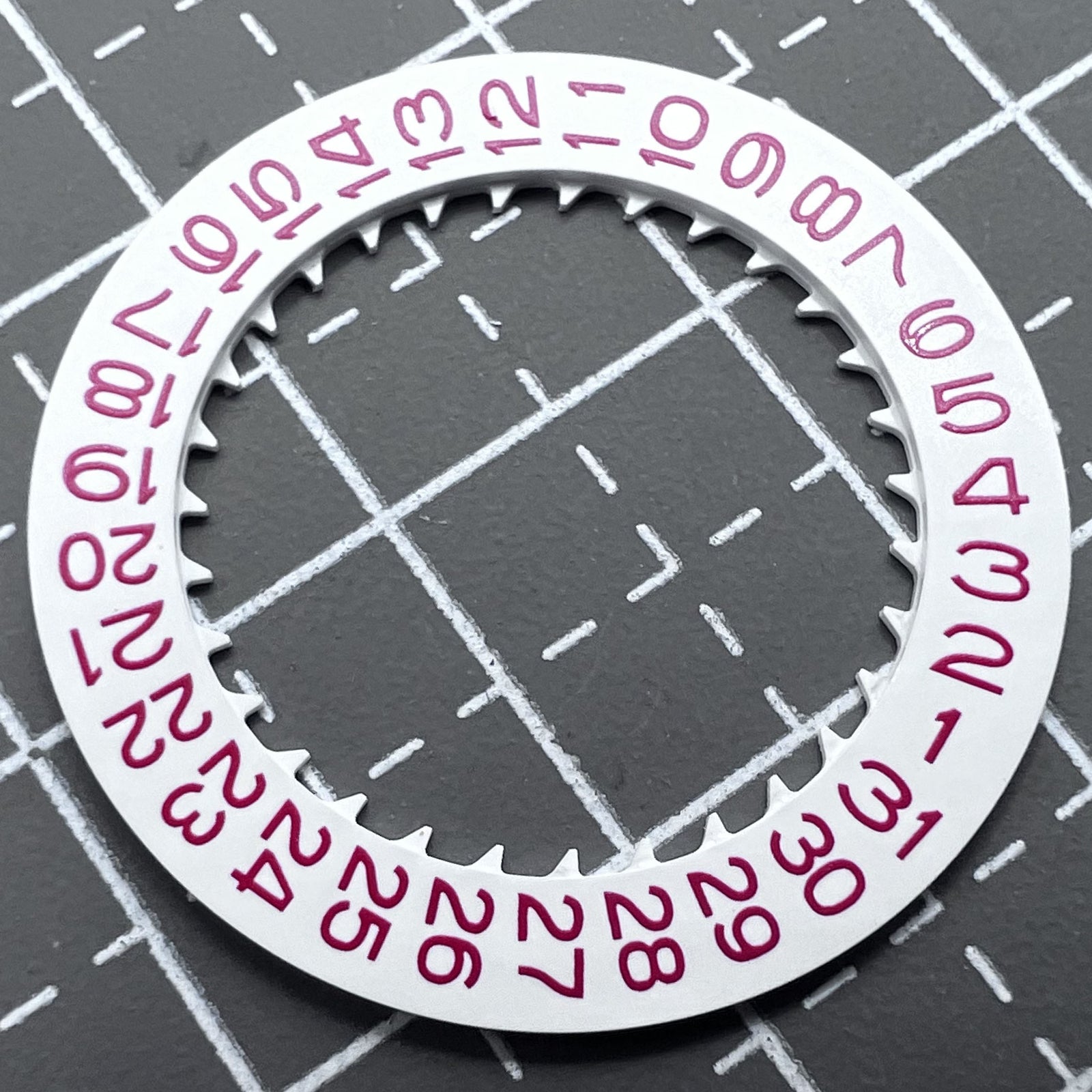 Red character date wheel for Seiko NH35 NH36 watch movement, date display at 3 o'clock.