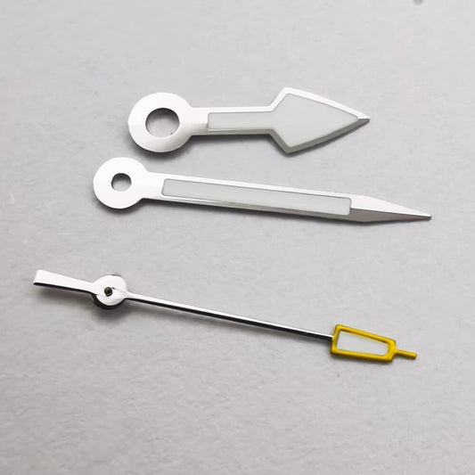 Arrow-shaped silver trimmed watch hands with yellow second hand and green lume for NH35 NH36 movements.