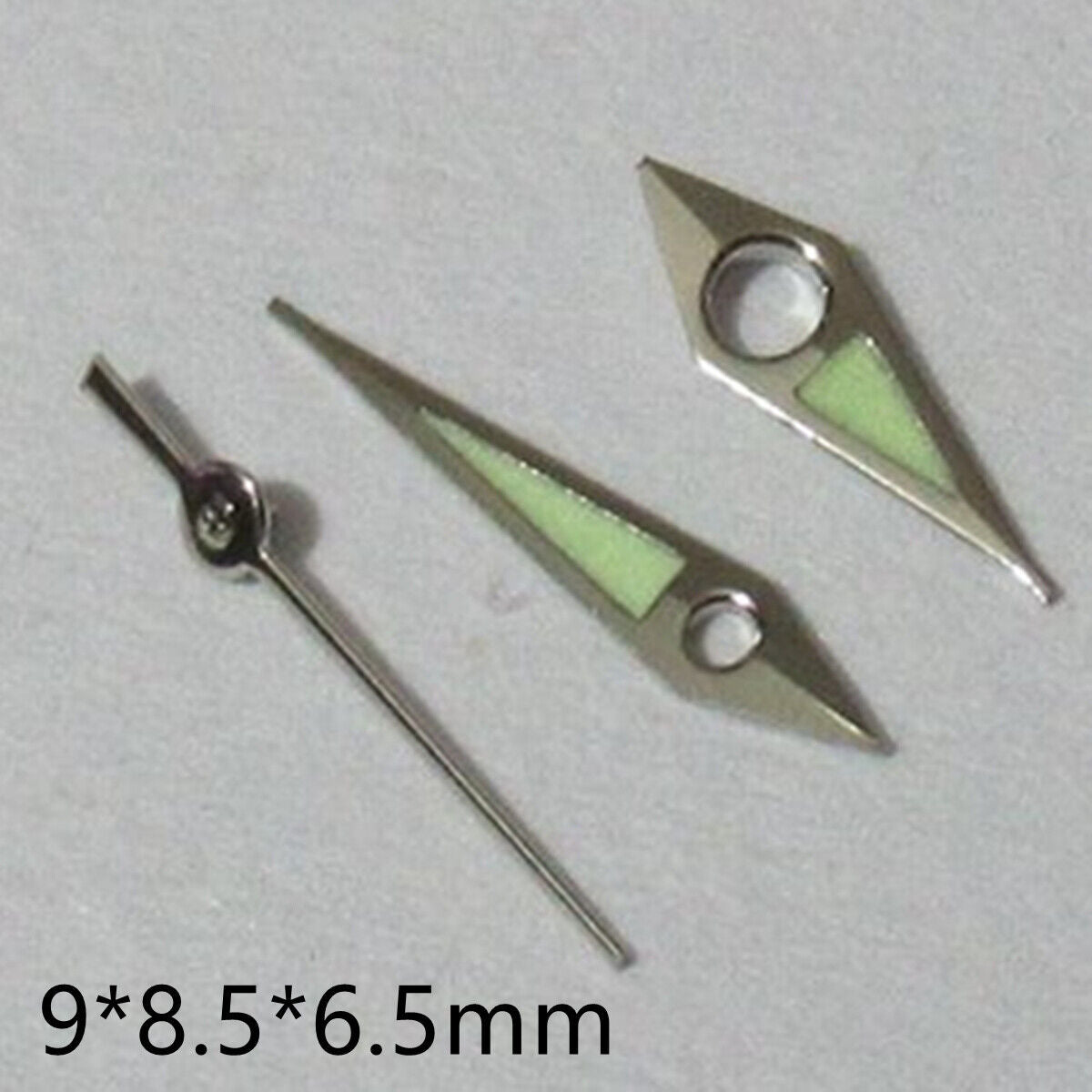 Silver 9mm pointed luminous watch hand in green by Miyota, ideal for models 2035, 2115, 2105, 2305, 2315.
