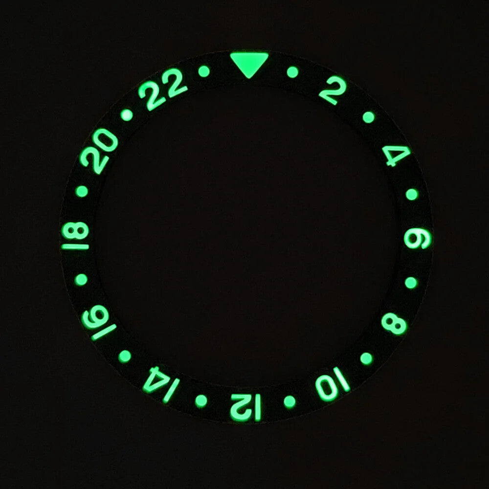 Lunette biseautée en céramique de 37,5 mm avec insert GMT vert luminescent pour montre mécanique RLX GMT