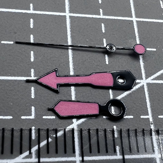 Set of 12.5mm red painted lume watch hands with black trim for NH35, NH36, 7S26, 7S36 movements.