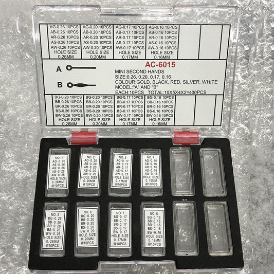 Mini second hands for watches, 0.16-0.26mm hole, multicolor, 2 models, 400pcs