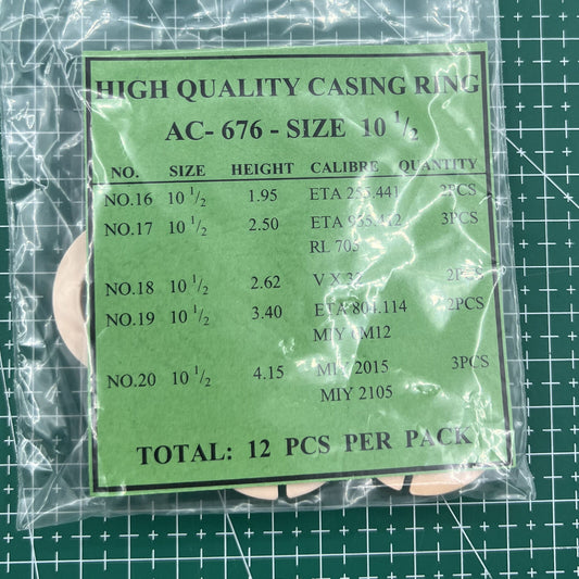 AC-676 watch case spacer ring holder with 5 line sizes for secure movement casing, set of 12 pieces.