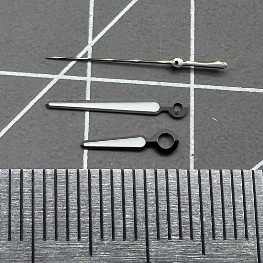 Black 13mm watch hands with C3 blue lume, compatible with NH35/NH36 movements for precise timekeeping.