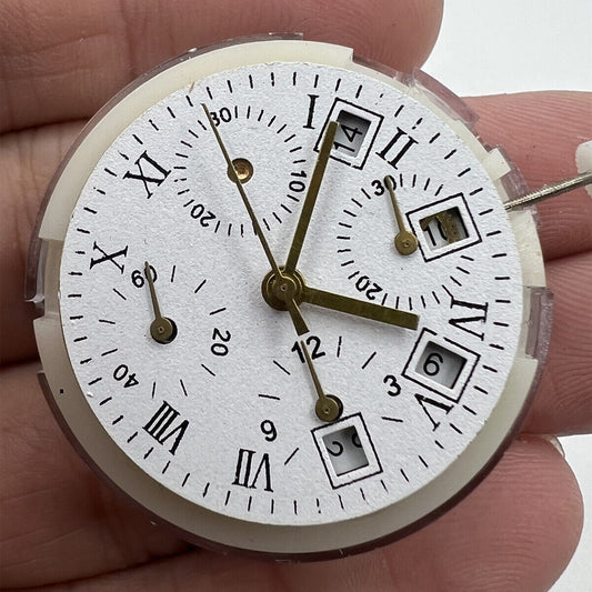 Asian 7750 automatic chronograph movement showing white calendar at 4:30 and seconds subdial at 9, precise timekeeping components.