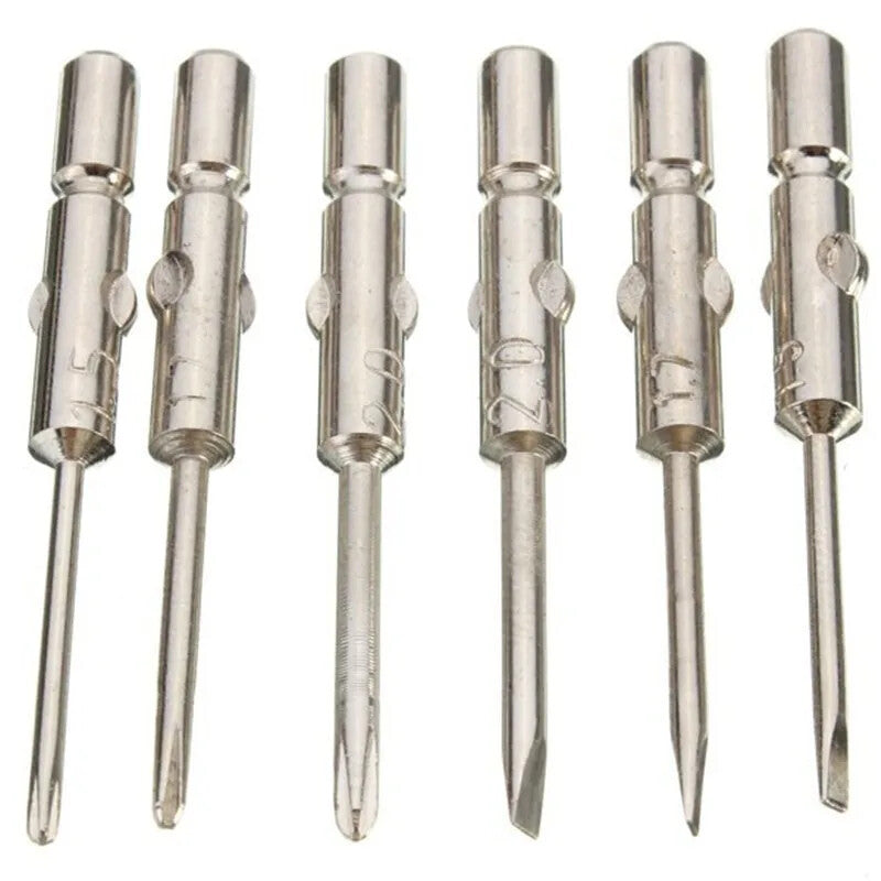 Precision screwdriver set for watch and eyeglass repair, includes hex tools and cutter heads with grip handle.