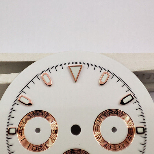 Green lume dial with silver and rose gold accents for Timed Lap VK63 quartz watch, enhancing visibility and style.