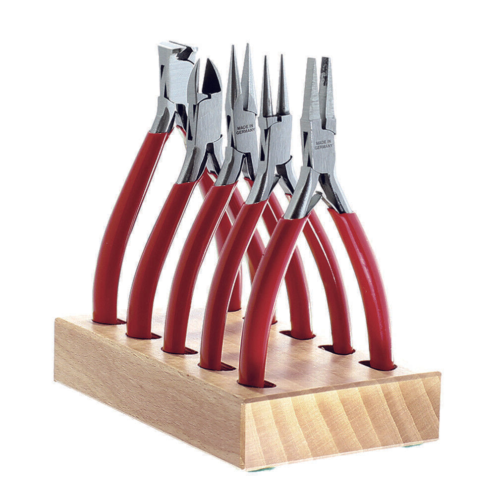 Jeu de 5 pinces/coupe Horotec MSA11.859 sur support en bois pour horloger